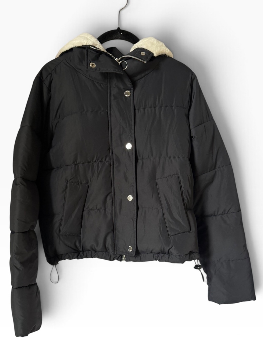Hollister Ultimate Black Puffer Jacket Faux Fur Cream Sherpa Hood Coat Winter - Picture 4 of 8